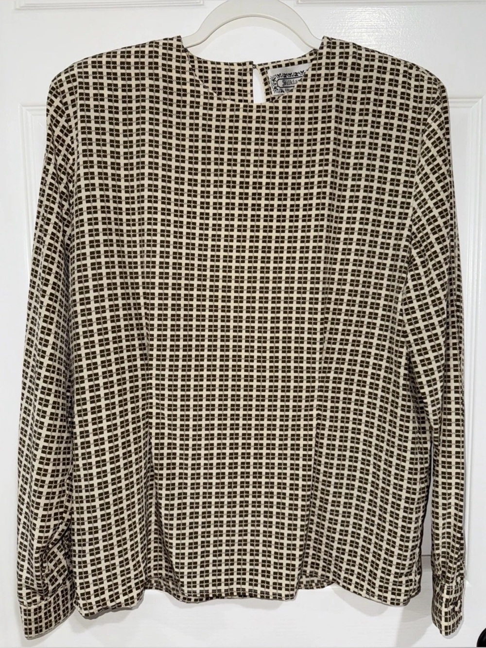 Silkland VTG Women's MED Long Sleeve Silk Career Blouse Ivory/Brown Pattern